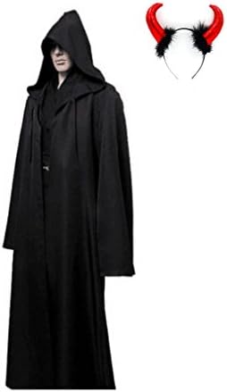 Halloween Cloak &amp; OX Horn Set - Colorful Unisex Hooded Cape &amp; Ox Bull Horn Plush Ear Hair Hoop for Halloween Party/Cosplay, Full Length (XL, Black)