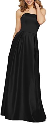 Strapless Evening Dress Long With Pockets Beaded Satin Formal Prom Gown Lace Up Black,8