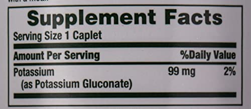 NATURE’S BOUNTY POTASSIUM 99MG, SUPPORTS FLUID BALANCE AND MUSCLE ACTIVITY, INVOLVED IN NORMAL HEART FUNCTION, POTASSIUM GLUCONATE DIETARY SUPPLEMENT, GLUTEN FREE, 1 PER DAY, 100 VEGETARIAN CAPLETS