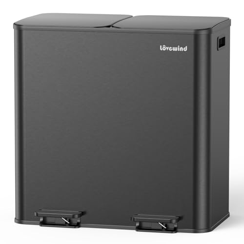 lovewind Mülleimer, 2 x 40L Mülleimer Küche, Doppeleimer für Recycling und Abfall, Schwarz, Mülleimer aus Edelstahl mit Deckel und Inneneimern, Großes