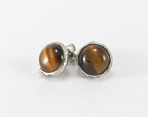 Tiger's Eye Gemstone Round Shape Earring Studs Hammering Texture Design
