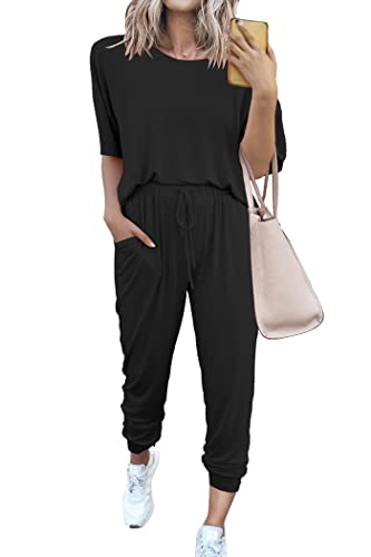 Photo 1 of PRETTYGARDEN Women's Two Piece Lounge Sets 2025 Spring Summer Jogger Pants Vacation Outfits Travel Airplane Matching Clothes (A-black,Small)