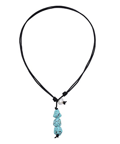 Yunhan Natural Turquoise Pendant Necklace with Cultured Freshwater Pearl Leather Cord Jewelry for Women 18''