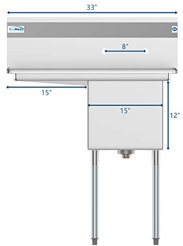 KoolMore 1 Compartment Stainless Steel NSF Commercial Kitchen Prep & Utility Sink with Drainboard - Bowl Size 15" x 15" x 12" - Thumbnail 4
