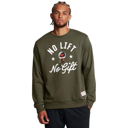 Under Armour Men’s Project Rock Red One No Lift No Gift Crew Neck Sweatshirt, (390) Marine OD Green / / White, Medium