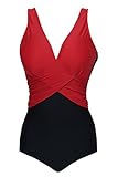 Zando Colorblock Plus Size Tummy Control Swimwear V-Neck One Piece Swimsuit Bathing Suit for Women