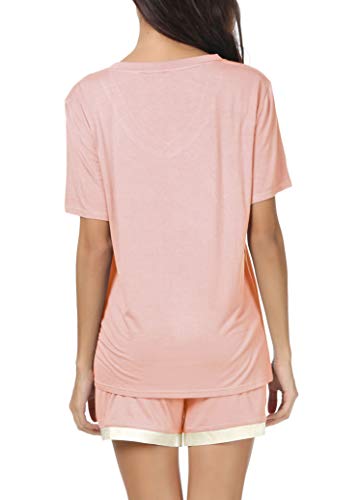 Invug Women Short Sleeve T Shirt and Shorts Pajamas Sleepwear Set Loungewear Pink L - Thumbnail 2