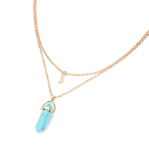 Crystal Pendant Statement Necklace Cuekondy Natural Gemstone Hexagonal Reiki Silver Stone Bead Chain Jewelry for Women Girls (Blue)