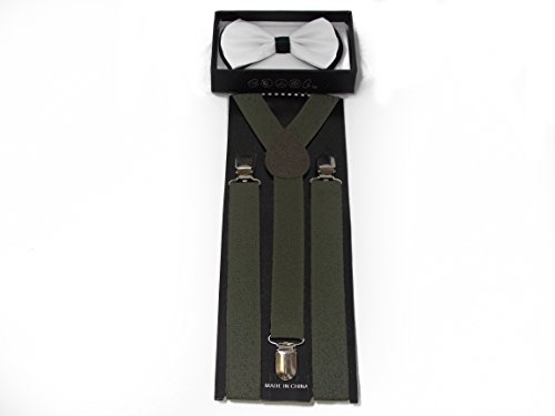White with Black Accent Bow Tie and Dark Green Suspender