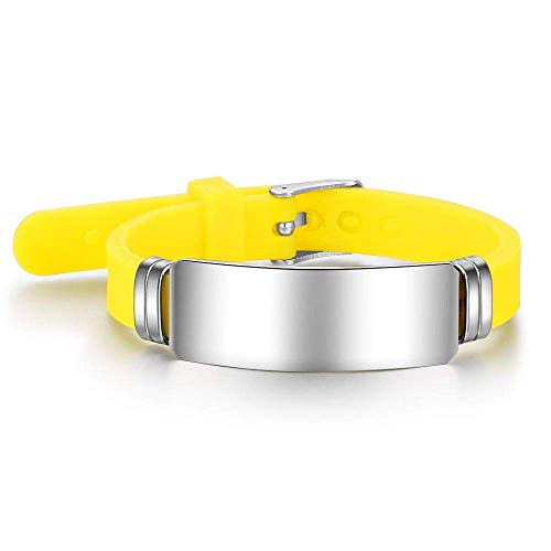 Lam Hub Fong Free Engraving 9 Inches Silicone Adjustable Medical Bracelets Sport Emergency ID Bracelets for Men Women Kids Waterproof Stainless Steel Rubber Alert Bracelets (Yellow)