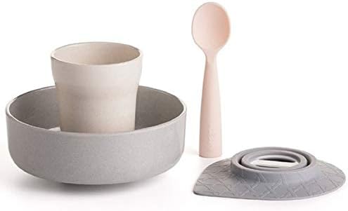 Miniware Sip & Snack Set with Cereal Bowl, Drinking Cup, Teething Spoon, and Suction Foot for Baby Toddler Kids - Promotes Self Feeding | Eco-Friendly and BPA Free | Dishwasher Safe (Bamboo & Peach)
