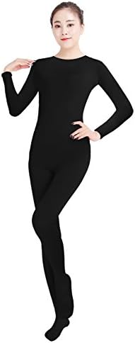 Amsicoo Womens Long Sleeve Round Neck Spandex Bodysuit Unitard, Black, Large