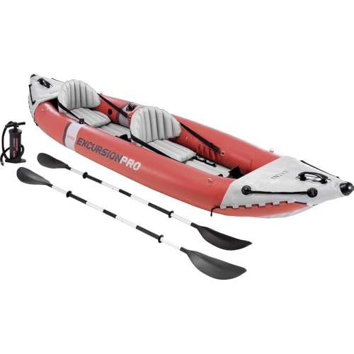 INTEX "Excursion Pro K2" Kajak aufblasbar 2 Person max 180 kg (384x94x46cm) Kanu aufblasbar Set mit 2x Alupaddel & Pumpe, inkl. Halterung für Handy od