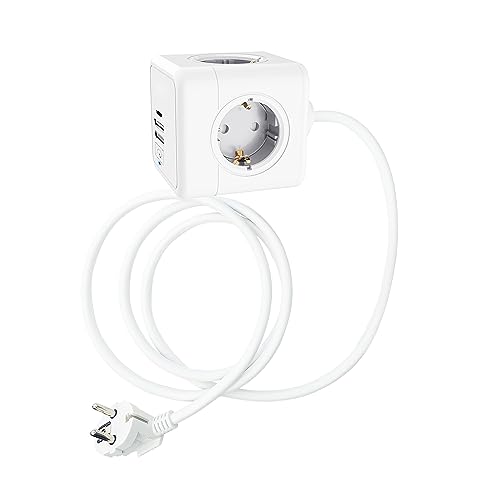 Power Cube USB TX-195 – Enchufe Múltiple en Cubo con 4× Tomas 230V, 2× USB-A & 1× USB-C – Regleta Compacta con Protección Infantil, Soporte Twist-Lock & Adhesivo, Ideal para Hogar & Oficina