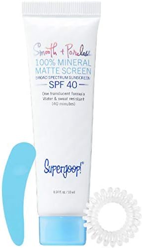 Supergooop! Smooth + Poreless 100% Mineral Matte Screen Sunscreen SPF 40 Travel Size (Free Blue Facial Spatula & Spiral Hair Tie Included)