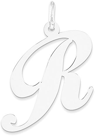 14k White Gold Solid Polished Laser-Cut Large Fancy Script Initial R Charm Pendant