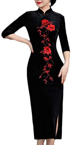 Lutratocro Women Slit Stand Collar Half Sleeve Embroidered Velvet Chinese Style Dress Cheongsam