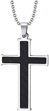 Mens Stainless Steel Black Carbon Fiber Cross Necklace Pendant with Chain Silver