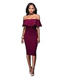 Women Sexy Off The Shoulder Ruffle Slim Fit Bodycon Cocktail Party Midi Dress Wine Red L