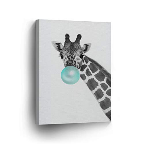 Smile Art Design Giraffe Animal Bubble Gum Art Turquoise Teal Blue Canvas Print Black and White Wall Art Home Decoration Pop Art Living Room Kids Room Decor Nursery Ready to Hang Made in The USA 12x8