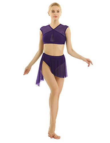 inhzoy Women's 2 Pieces Sheer Mesh Asymmetric Contemporary Dancewear Crop Tops with Short Skirt Set Purple X-Large