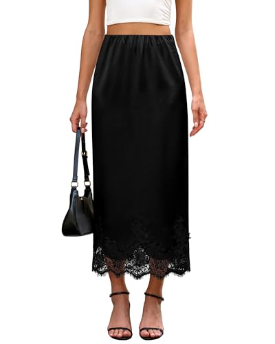 Bsubseach Satin Maxi Skirts for Women Casual Elegant 2026 Fall A Line High Waist Elastic Silk Midi Skirt with Lace Black at Amazon