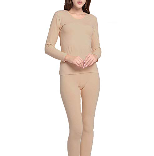 MOLLDAN Women's Long Johns Baselayer Thermal Underwear Tops & Bottom Set with Fleece Lined(L,Nude)