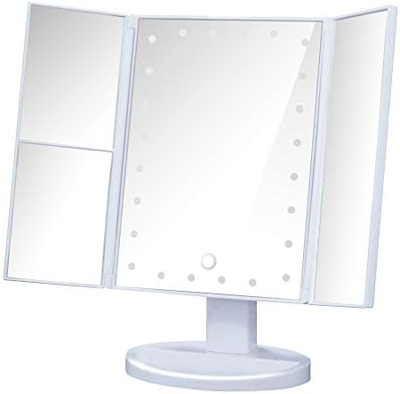 Tabletop LED Three-sided Mirror Vanity Mirror with Magnifying Glass with Light Makeup Bend Actress Mirror (White)