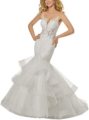 Women's Sweetheart Lace Mermaid Wedding Dresses for Bride 2019 Beaded Ruffles Bridal Gowns