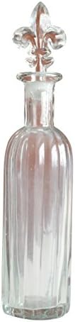 Decorative Glass Bottle with Fleur De Lis Glass Bottle Stopper – Large Decorative Glass Bottle 13.25 in with Glass Bottle Stopper – Clear Glass Bottle Décor