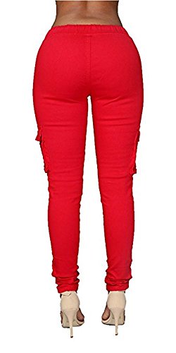 Coutgo Womens Casual stretch drawstring skinny pants cargo jogger pants (M, red)