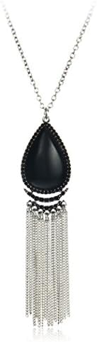 Fashion Gold Silver Keychain Square Black Resin Long Tassel Beads Pendant Necklace (Teardrop S)