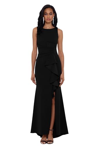 Betsy & Adam Women’s Petite Long Sleeveless Boat Neck Ruffle Side Slit Scuba Crepe Gown, Black