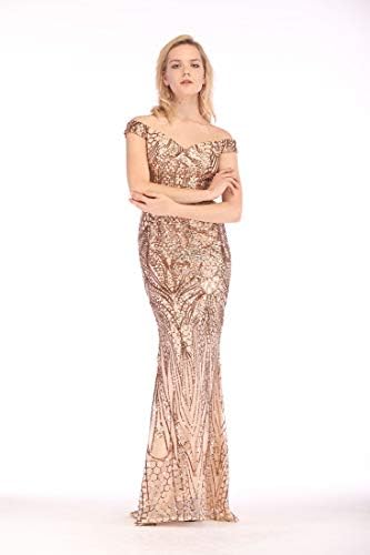 PAIANG Off Shoulder Maxi Dress, Sequined Mermaid Long Dress for Cocktail Prom Party Gold