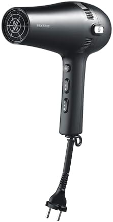 Secador de pelo, secador potente, enrollador automático del cable con solo pulsar un botón, con botón de aire frío, dos accesorios adicionales, 2100 W, negro, HT 0165