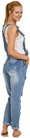 Women's Destroyed Denim Overalls- Stonewash Three-quarter Dungarees