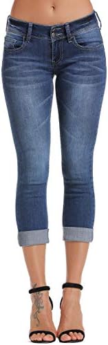 Mingriya Women Jeans Mid-Rise Distressed Denim Skinny Jeans Slim Fit Cuffed Cropped Trousers