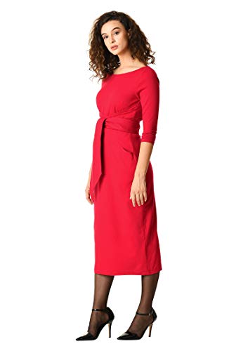 eShakti Women's Asymmetric OBI Belt Cotton Knit Sheath Dress S-6 Regular Haute red