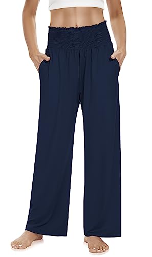 DACESLON WOMEN’S PLUS SIZE COMFY YOGA PANTS 2XL HIGH WAISTED CASUAL LOOSE FIT STRETCH LOUNGE PJS PAJAMAS FLOWY PANTS WITH POCKETS(NAVY,XXL)