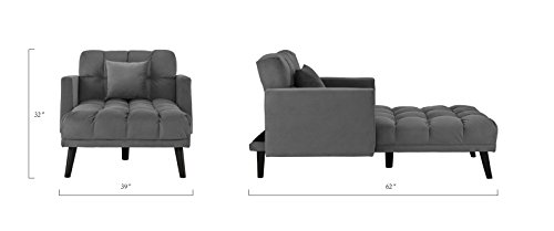 Sofamania Modern Velvet Fabric Recliner Sleeper Chaise Lounge - Futon Sleeper Single Seater with Nailhead Trim (Dark Grey)