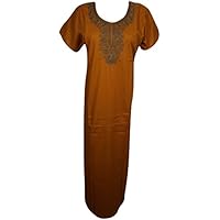 Mogul Interior Women's Long Caftan Russet Embroidered Cotton Kaftan Nightgown L