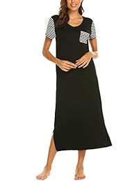 Hotouch Loungewear Women's Long Nightgown V-Neck Striped Short Sleeve Sleepshirts Dress