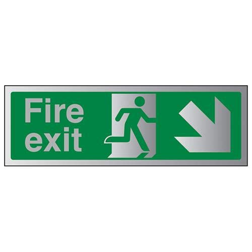 VSafety Fire Exit-Fire Exit Arrow Down Right Sign - 300mm x 100mm - 3mm Brushed Alu Comp