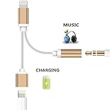 2 in 1 Lightning iPhone 7 Charger Adapter,3.5mm Audio Adapter Stereo Jack Cable- Lightning to 3.5mm Aux Headphone Jack Audio Adapter for iphone 7 / 7 plus (Gold )