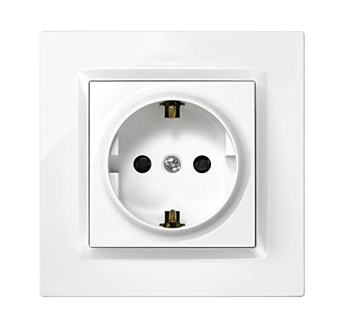 - Schuko-Einbaudose, Serie Simon 10, 250 V, 16 A, flache und dünne Wandsteckdose, einfach zu installieren, inklusive Rahmen, Deckel und Mechanismus, weibliche Steckdose, Weiß