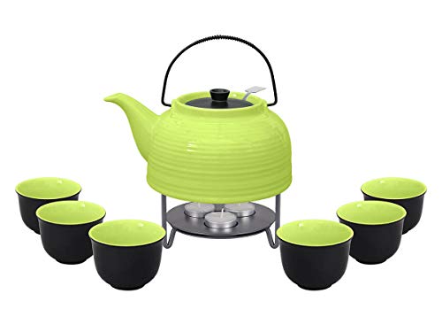 Teeservice âNellyâ. Moderne Teekanne 1,5 Liter in grün-schwarz aus hitzebeständiger Keramik mit Edelstahlfilter, 6 Teecups 120ml in grün-schwarz und Metall-Stövchen.