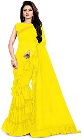 RTHub Women's Faux Georgette Plain Ruffle Saree with Blouse(Yellow_Free-Size_66-Yellow)