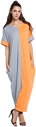 Vicity Women's Batwing Sleeve Color Block Patchwork Beach Long Loose Dress with Pocket (M, Orange and gray)