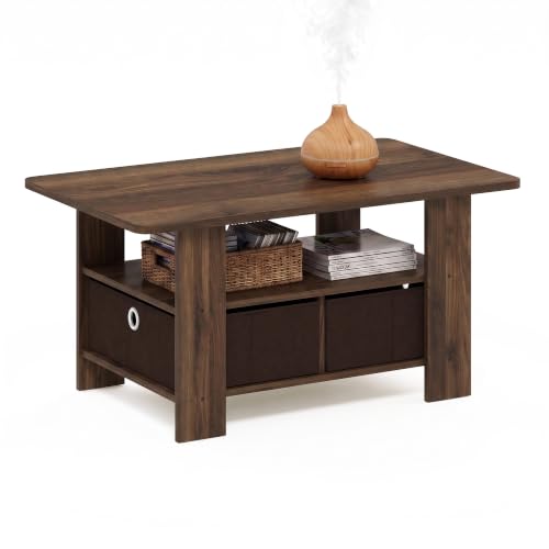 Furinno ANDREY Coffee Table with Storage and Bin Drawer, Columbia Walnut