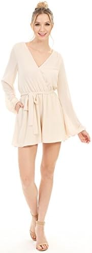 NAKED ZEBRA Women's Long Sleeve Romper With Back Self Tie Cream Large